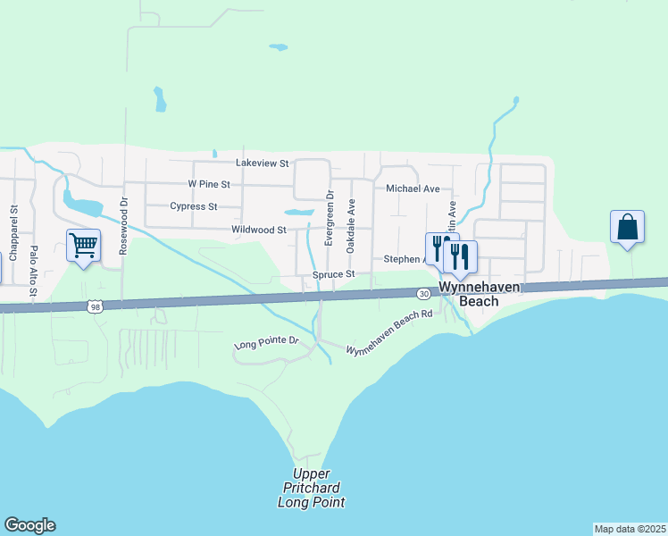 map of restaurants, bars, coffee shops, grocery stores, and more near 201 Spruce Street in Mary Esther