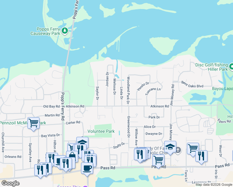 map of restaurants, bars, coffee shops, grocery stores, and more near 417 Melissa Drive in Biloxi
