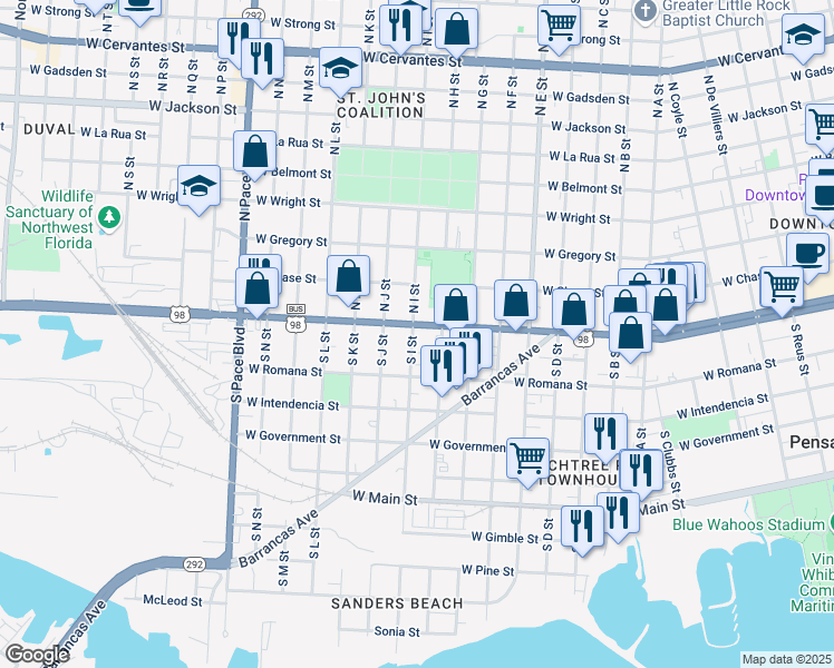 map of restaurants, bars, coffee shops, grocery stores, and more near 1517 West Garden Street in Pensacola