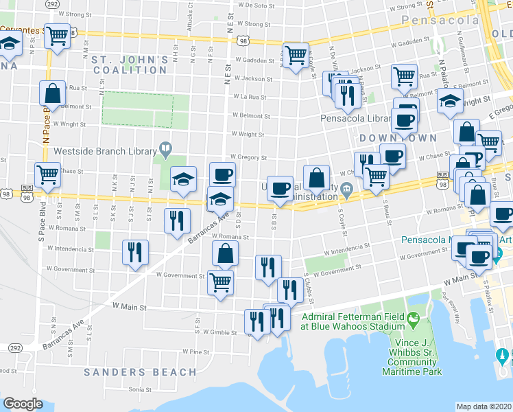map of restaurants, bars, coffee shops, grocery stores, and more near 15 North C Street in Pensacola