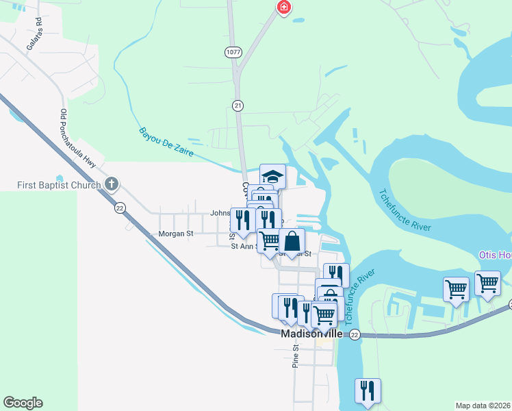 map of restaurants, bars, coffee shops, grocery stores, and more near 109 Covington Street in Madisonville