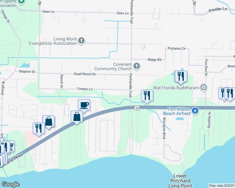 map of restaurants, bars, coffee shops, grocery stores, and more near 9151 Timber Lane in Navarre