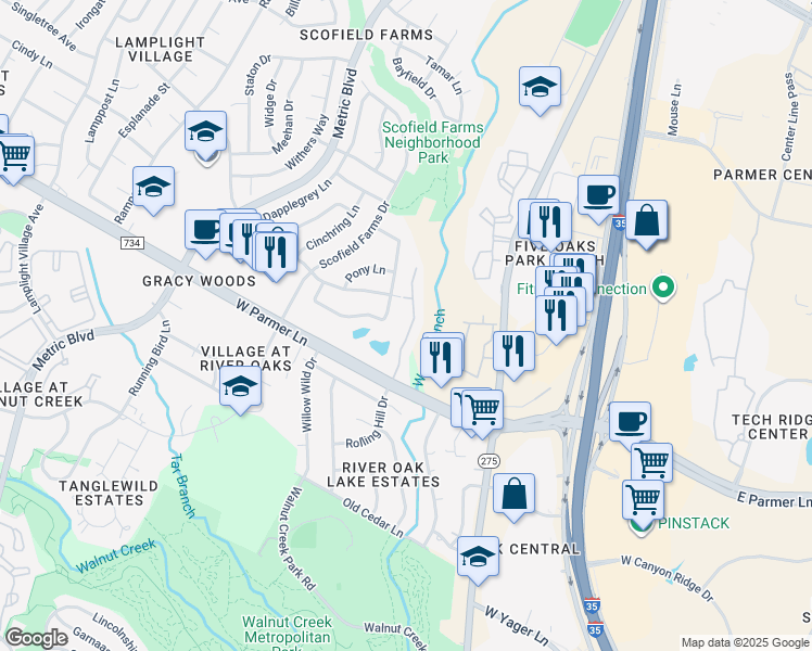 map of restaurants, bars, coffee shops, grocery stores, and more near 1310 West Parmer Lane in Austin