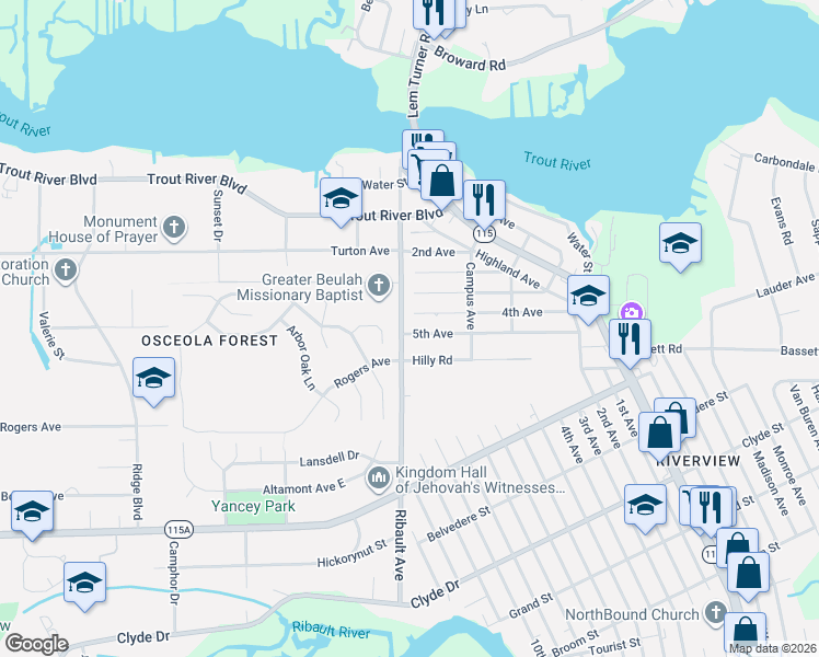 map of restaurants, bars, coffee shops, grocery stores, and more near in Jacksonville
