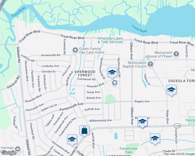 map of restaurants, bars, coffee shops, grocery stores, and more near 9526 Spottswood Road North in Jacksonville