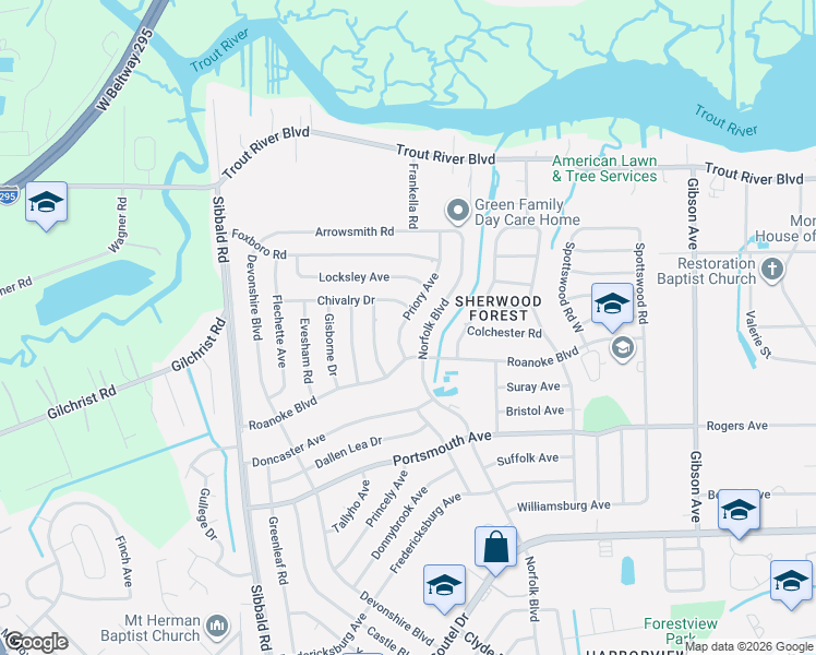 map of restaurants, bars, coffee shops, grocery stores, and more near 9528 Norfolk Boulevard in Jacksonville