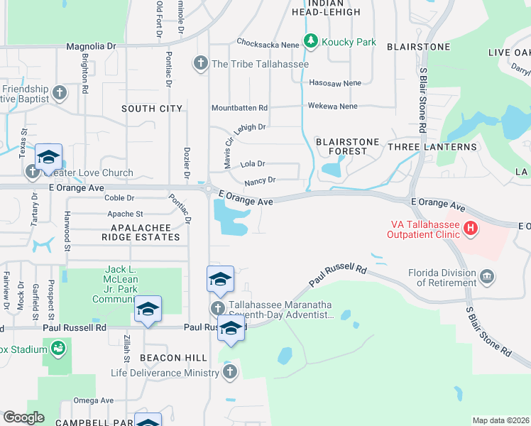 map of restaurants, bars, coffee shops, grocery stores, and more near 2818 Botany Place in Tallahassee