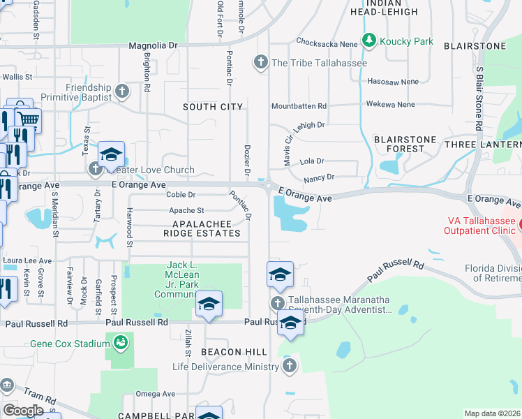 map of restaurants, bars, coffee shops, grocery stores, and more near 2818 Jim Lee Road in Tallahassee