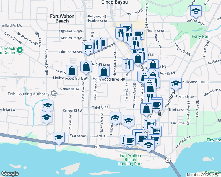 map of restaurants, bars, coffee shops, grocery stores, and more near 23 Park Circle Southeast in Fort Walton Beach