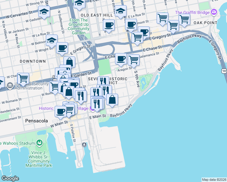 map of restaurants, bars, coffee shops, grocery stores, and more near 325 East Intendencia Street in Pensacola