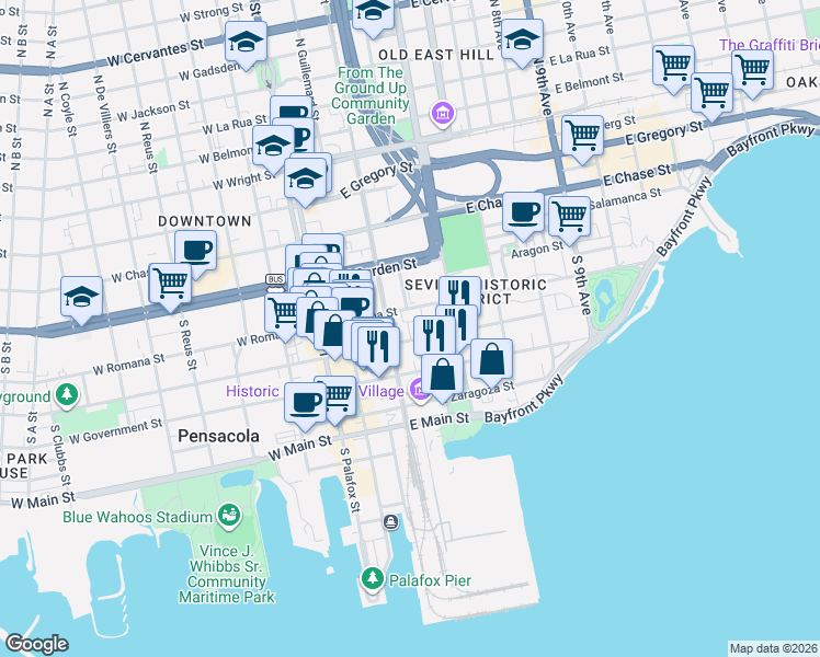 map of restaurants, bars, coffee shops, grocery stores, and more near 113 Calle De Santiago in Pensacola