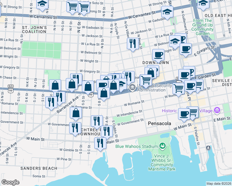 map of restaurants, bars, coffee shops, grocery stores, and more near 705 W Garden St in Pensacola
