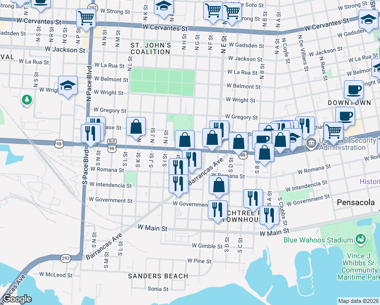 map of restaurants, bars, coffee shops, grocery stores, and more near 52 South G Street in Pensacola