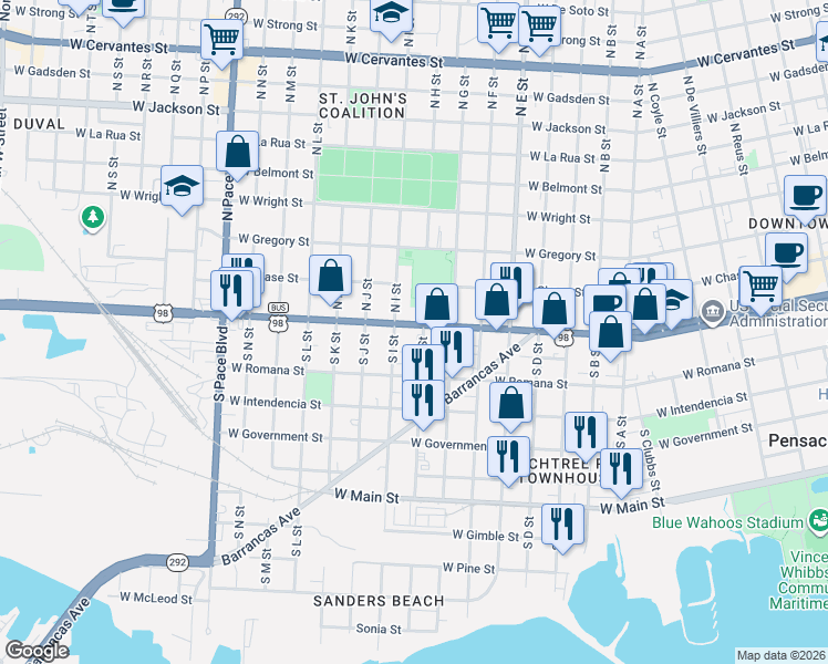 map of restaurants, bars, coffee shops, grocery stores, and more near 33 South H Street in Pensacola