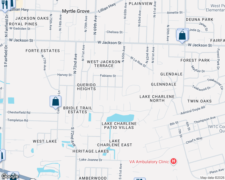 map of restaurants, bars, coffee shops, grocery stores, and more near 48 South 66th Avenue in Pensacola