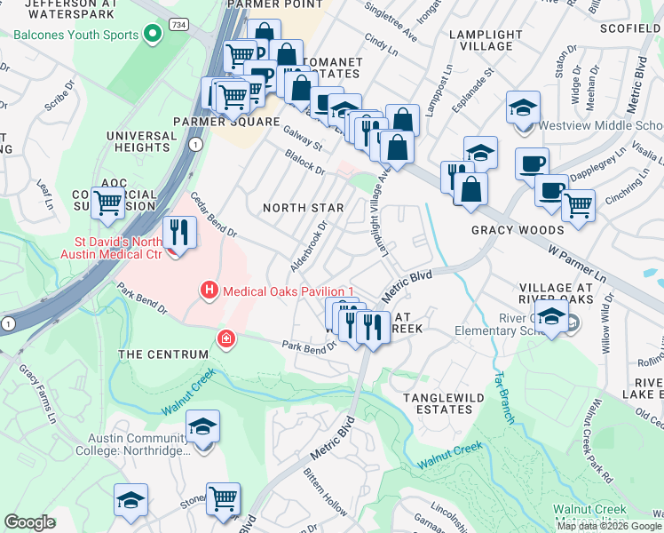 map of restaurants, bars, coffee shops, grocery stores, and more near 12302 Dellrey Drive in Austin