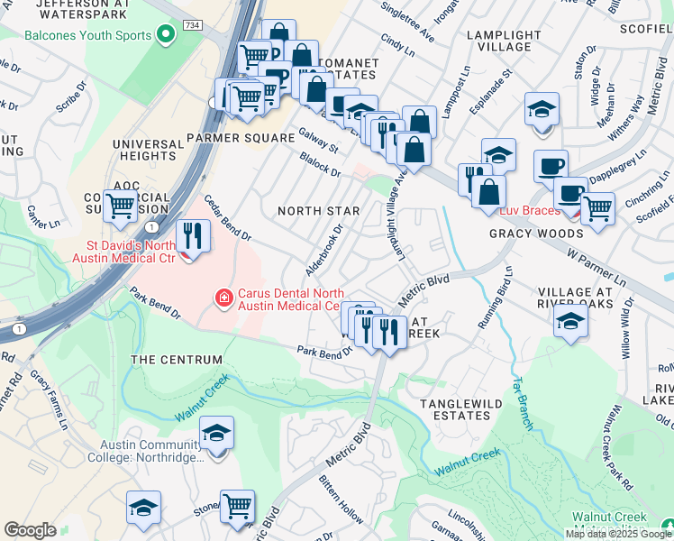 map of restaurants, bars, coffee shops, grocery stores, and more near 12302 Dellrey Drive in Austin