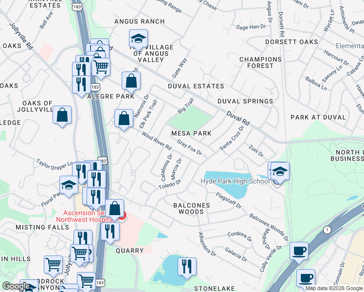 map of restaurants, bars, coffee shops, grocery stores, and more near 4800 Wind River Road in Austin