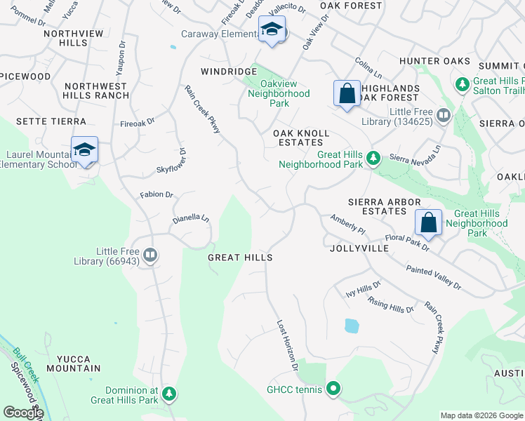 map of restaurants, bars, coffee shops, grocery stores, and more near 10407 Charette Cove in Austin