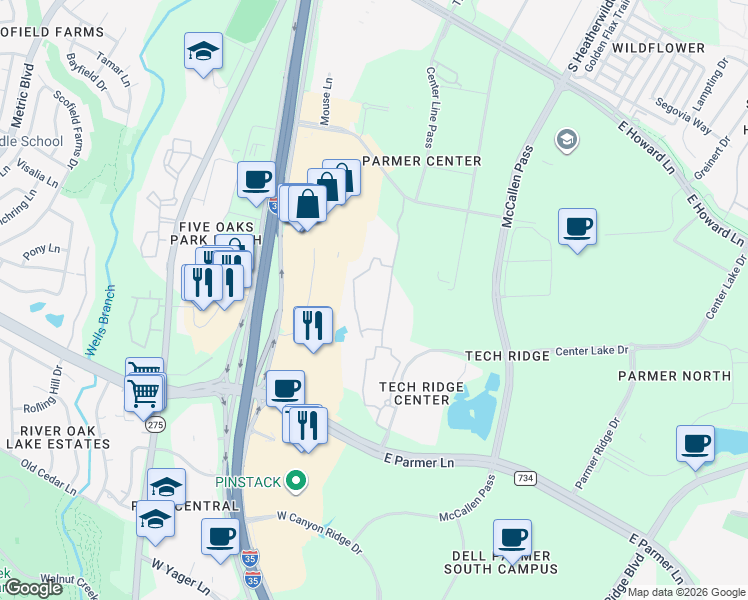 map of restaurants, bars, coffee shops, grocery stores, and more near 701 Center Ridge Drive in Austin