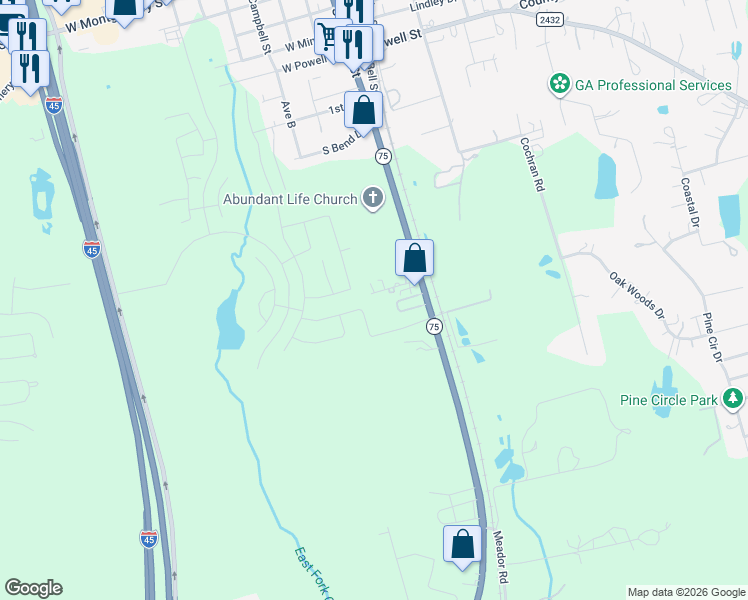 map of restaurants, bars, coffee shops, grocery stores, and more near 18000 Cargill Drive in Willis