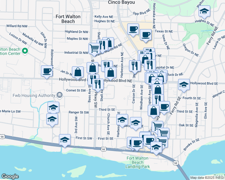 map of restaurants, bars, coffee shops, grocery stores, and more near 20 Park Circle Southeast in Fort Walton Beach