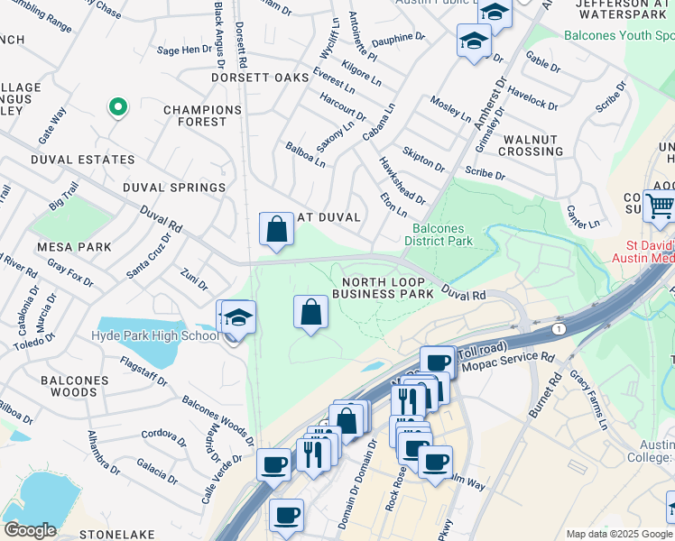 map of restaurants, bars, coffee shops, grocery stores, and more near 3625 Duval Road in Austin