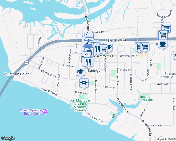 map of restaurants, bars, coffee shops, grocery stores, and more near in Ocean Springs