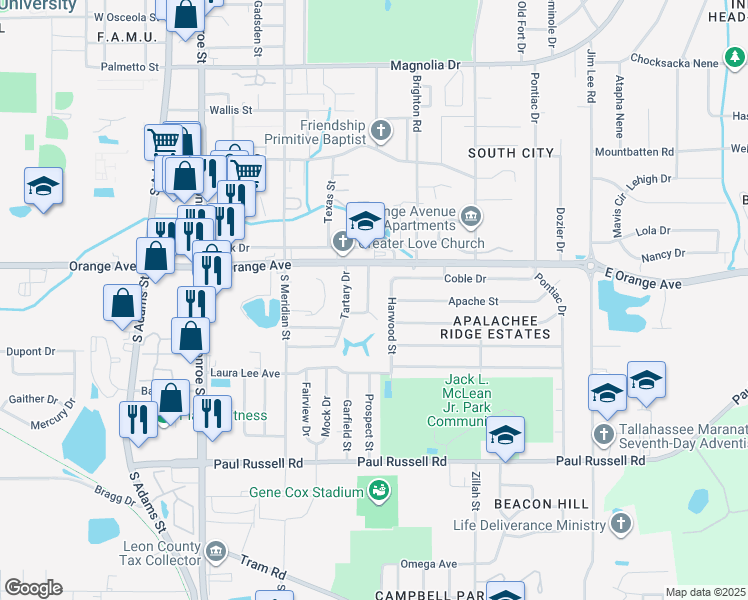 map of restaurants, bars, coffee shops, grocery stores, and more near 2813 Southwood Drive in Tallahassee