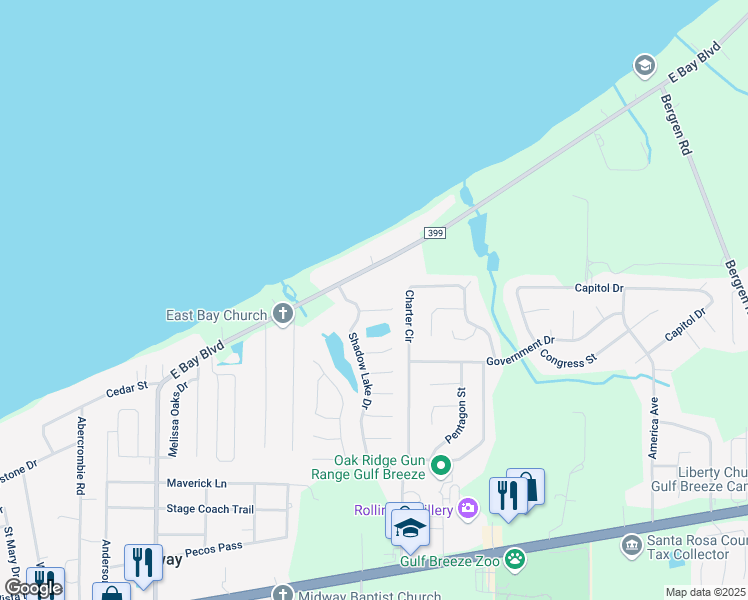 map of restaurants, bars, coffee shops, grocery stores, and more near 5568 Brentwater Place in Gulf Breeze