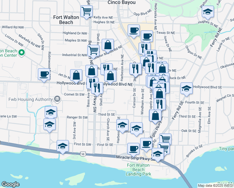 map of restaurants, bars, coffee shops, grocery stores, and more near 23 Park Circle Southeast in Fort Walton Beach