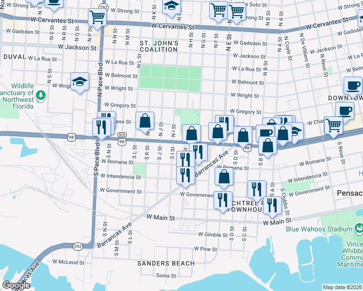 map of restaurants, bars, coffee shops, grocery stores, and more near 33 South H Street in Pensacola