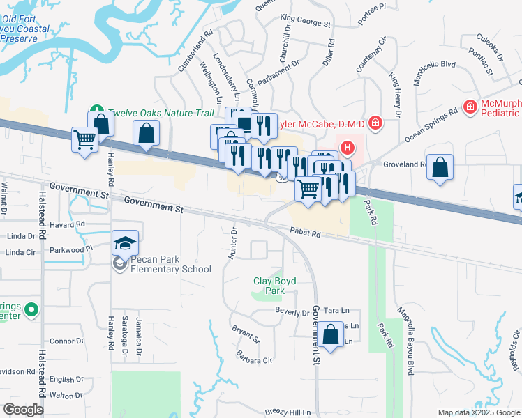 map of restaurants, bars, coffee shops, grocery stores, and more near 2909 Government Street in Ocean Springs