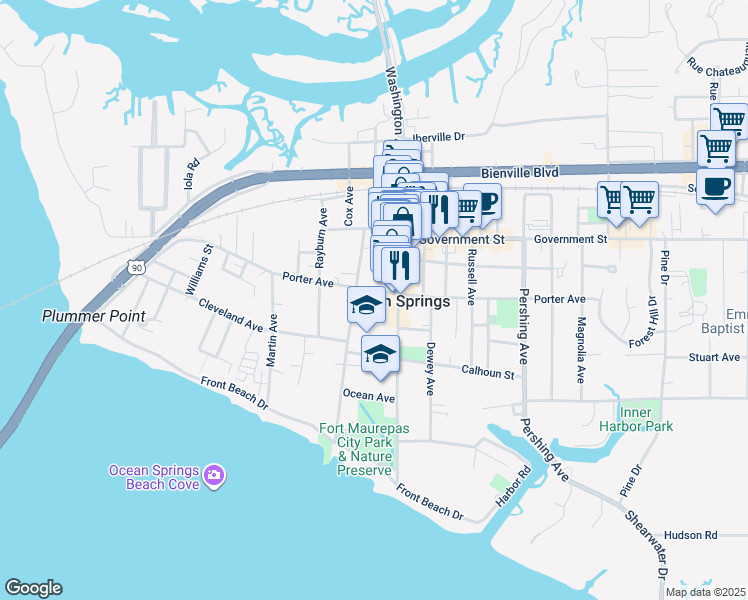 map of restaurants, bars, coffee shops, grocery stores, and more near 922 Porter Avenue in Ocean Springs