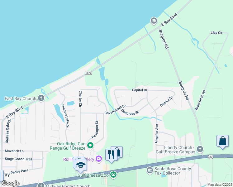 map of restaurants, bars, coffee shops, grocery stores, and more near 5812 Congress Court in Gulf Breeze