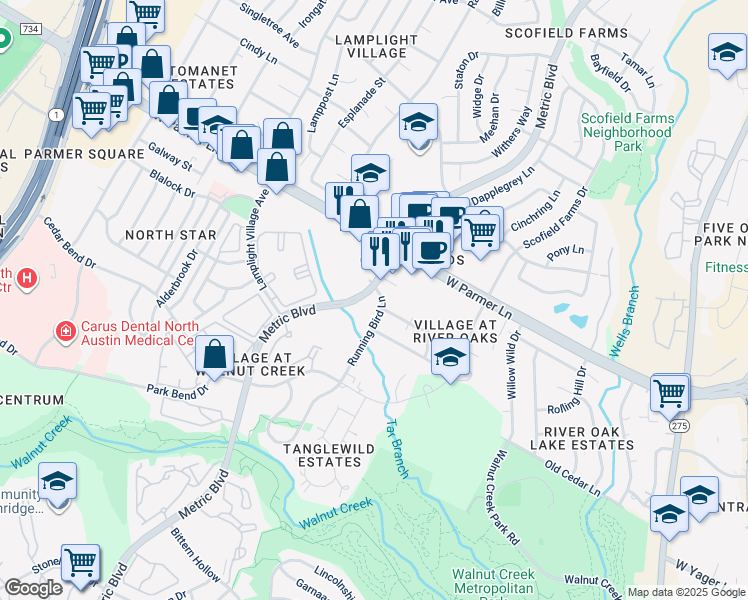 map of restaurants, bars, coffee shops, grocery stores, and more near 12349 Metric Boulevard in Austin