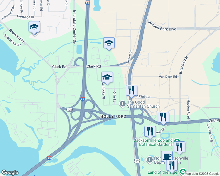 map of restaurants, bars, coffee shops, grocery stores, and more near 9460 Indiana Avenue in Jacksonville