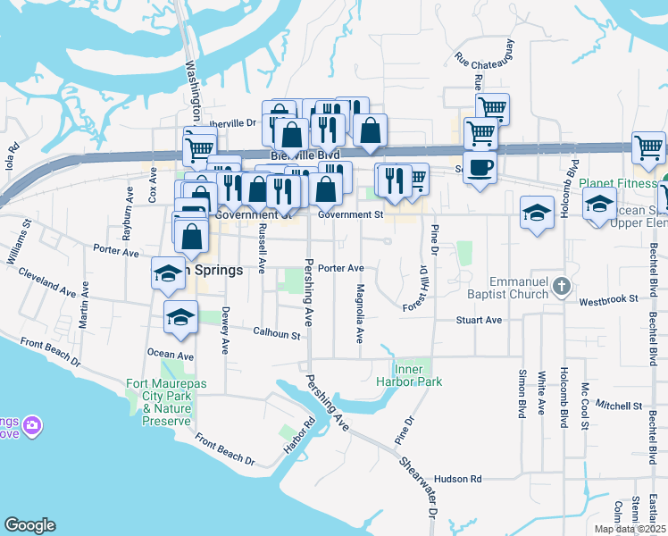 map of restaurants, bars, coffee shops, grocery stores, and more near Porter Ave & Ward Ave in Ocean Springs