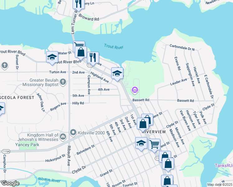 map of restaurants, bars, coffee shops, grocery stores, and more near 2115 5th Avenue in Jacksonville