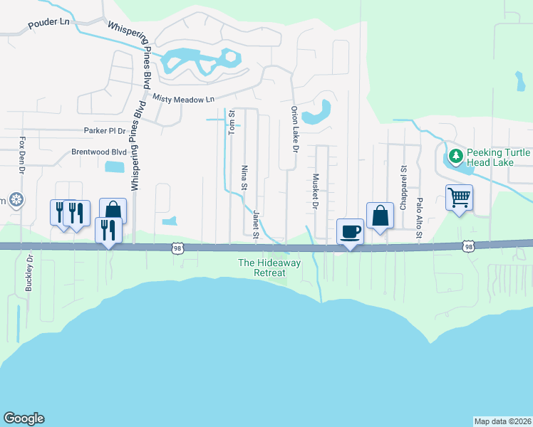 map of restaurants, bars, coffee shops, grocery stores, and more near 2132 Hadleigh Hills Court in Navarre