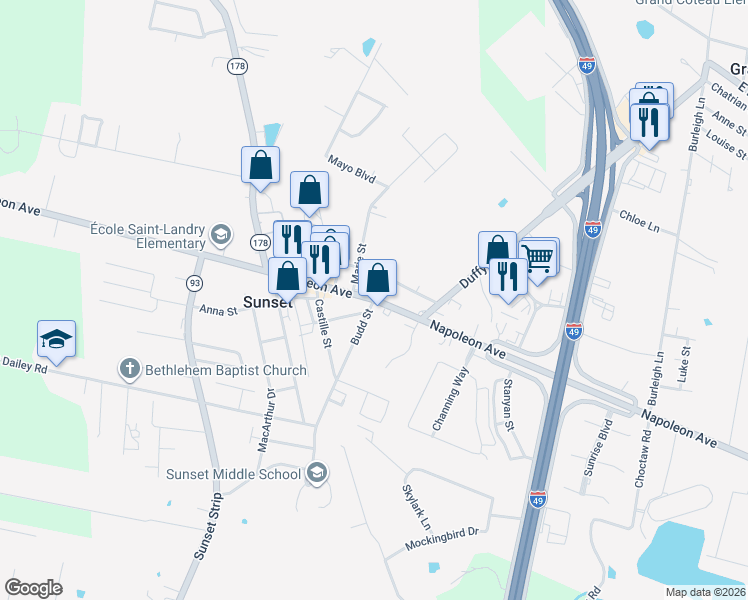 map of restaurants, bars, coffee shops, grocery stores, and more near Napoleon Avenue in Sunset