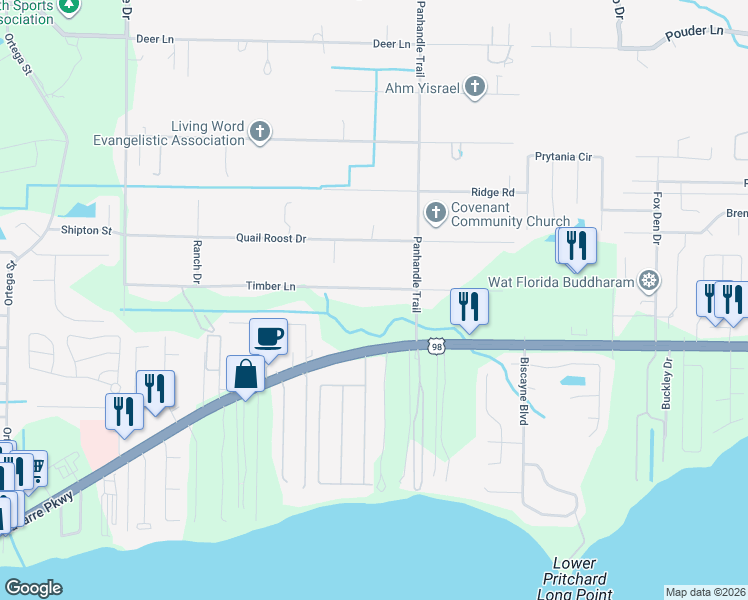 map of restaurants, bars, coffee shops, grocery stores, and more near 9151 Timber Lane in Navarre