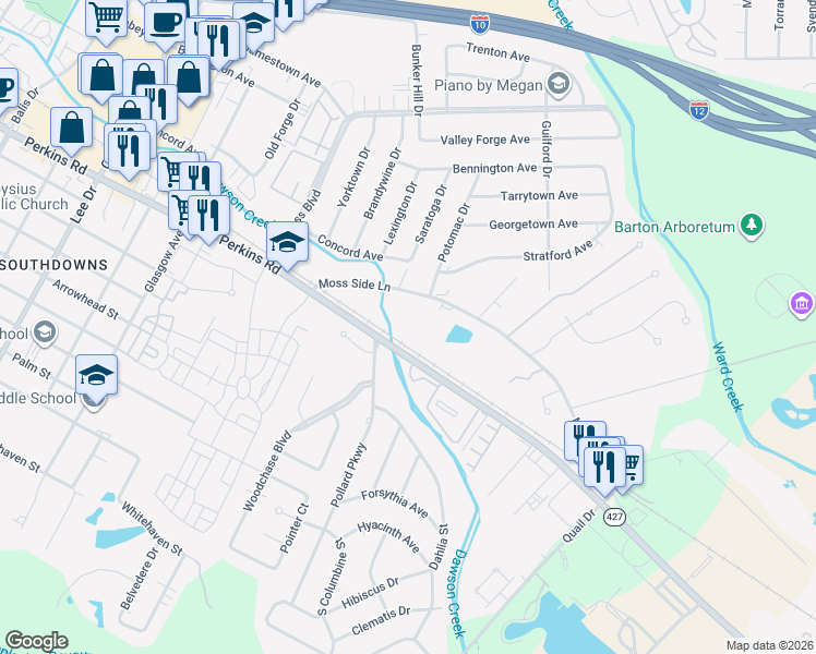 map of restaurants, bars, coffee shops, grocery stores, and more near 5574 Moss Side Lane in Baton Rouge