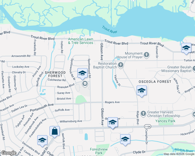 map of restaurants, bars, coffee shops, grocery stores, and more near 9560 Gibson Avenue in Jacksonville