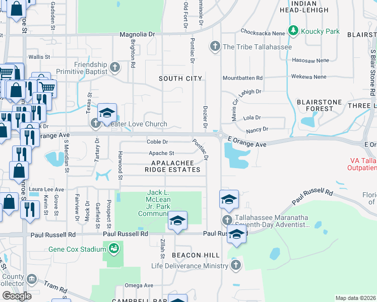 map of restaurants, bars, coffee shops, grocery stores, and more near 921 Apache Street in Tallahassee
