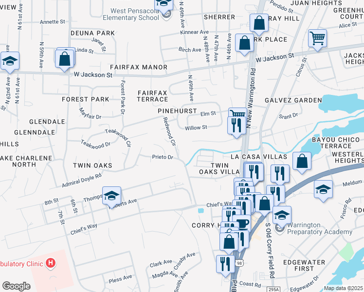 map of restaurants, bars, coffee shops, grocery stores, and more near 100 Redwood Circle in Pensacola