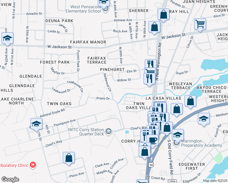 map of restaurants, bars, coffee shops, grocery stores, and more near 100 Redwood Circle in Pensacola