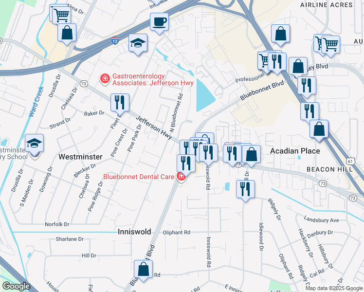 map of restaurants, bars, coffee shops, grocery stores, and more near 9456 Jefferson Highway in Baton Rouge