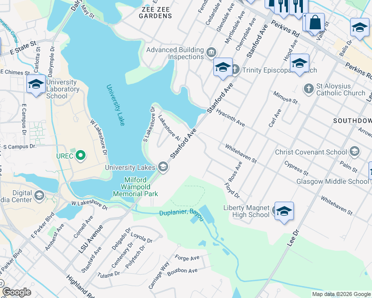 map of restaurants, bars, coffee shops, grocery stores, and more near 3626 South Lakeshore Drive in Baton Rouge