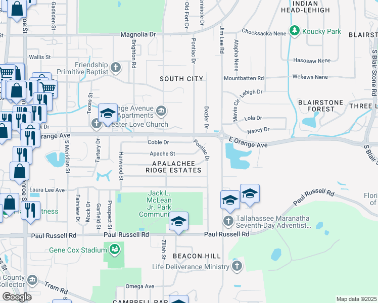 map of restaurants, bars, coffee shops, grocery stores, and more near 921 Apache Street in Tallahassee